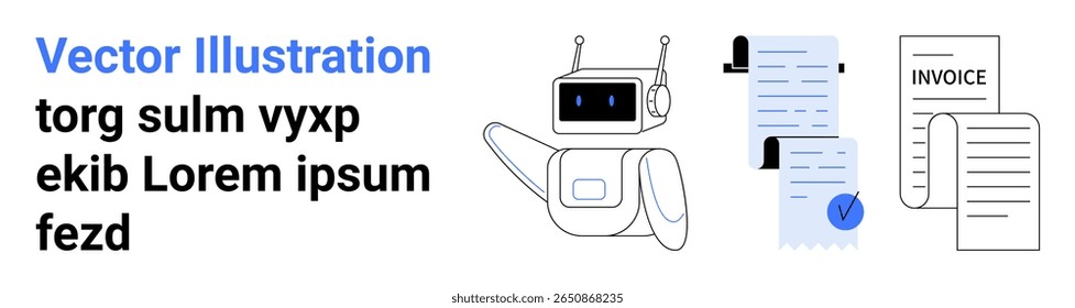 O robô gerencia e verifica documentos, inclusive faturas e recibos, com uma marca de seleção. Ideal para aplicativos financeiros, automação, ferramentas de produtividade, tarefas administrativas, temas futuristas, blogs de tecnologia