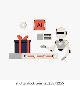 Robô gerenciando chip de IA e correia transportadora em ilustração vetorial plana simbolizando inteligência artificial, automação e aprendizagem de máquina, isolados em fundo branco.