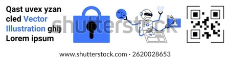 Robot managing data, blue lock icon, QR code, and placeholder text. Ideal for cybersecurity, data management, tech services, robotics, advertisements, education, and web design. Banner for landing
