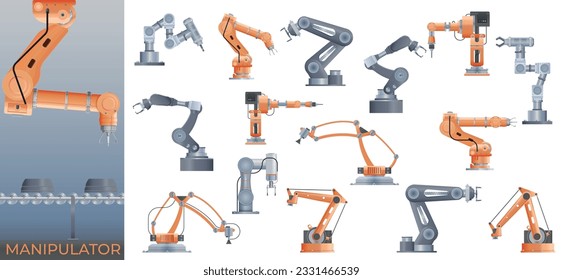 Manipulador de robots brazo composición realista con visión de texto de línea industrial e íconos aislados de manipuladores ilustración vectorial