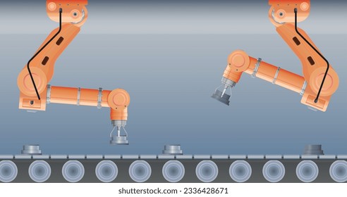 Roboter-Manipulator-Arm realistische Komposition mit Blick auf bewegte Industrielinie mit Montage Roboter-Manipulatoren Vektorgrafik