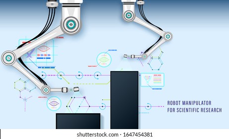 Robot manipulator for scientific research and industrial production on scientific infographics background. Realistic detailed vector illustration.