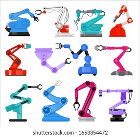 Robot manipulators hands in flat style. Automatic robotic hands or industrial robot arms isolated on white background. Vector illustration. Factory robotic hands.