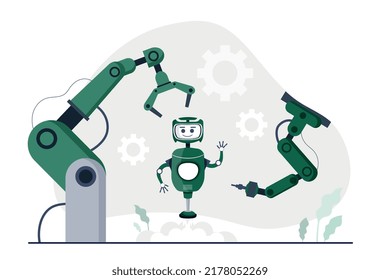 Concepto de manufactura de robots. Tecnologías modernas y mundo digital. Automatización de la producción e inteligencia artificial. Escena futurista, afiche o banner para sitio web. Dibujo vectorial plano de dibujos animados