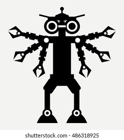 robot with many arms, flat design style