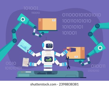 Robot with many hands performing complex tasks. Vector illustration. Robotic manipulator arms packing boxes. Multitasking, robotics, modern technology, manufacturing services concept