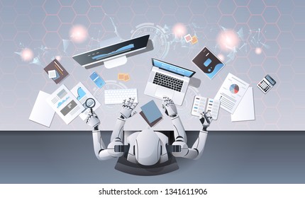 Robot With Many Hands Using Digital Devices At Workplace Desk Office Stuff Working Process Top Angle View Artificial Intelligence Technology Concept Horizontal