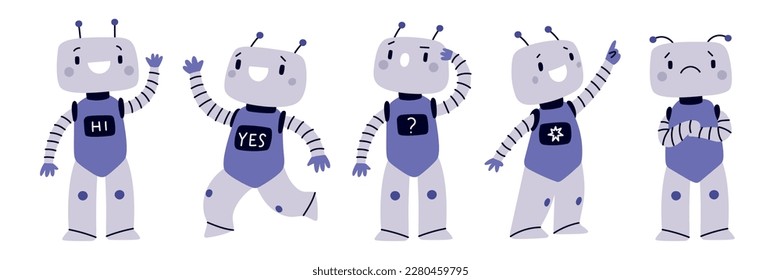 Robot mascot. Android digital assistant in different poses. Emotion expressions. Friendly cyborg character. Kids humanoid. AI technologies. Robotic machines. Garish