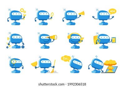 Robot mascot character set. Support service-center. Chat bot. All tasks. Cartoon flat vector illustrations. Artificial Intelligence.