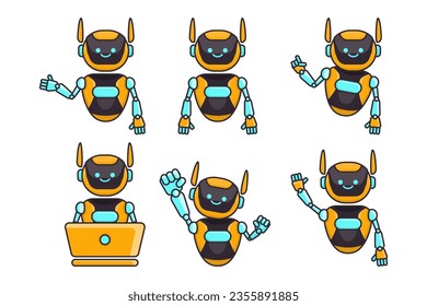 Robot mascot character vector illustration. Robot cartoon pose set design