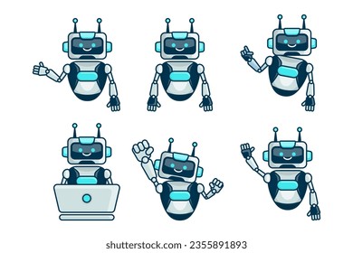 Robot mascot character vector illustration. Robot cartoon pose set design