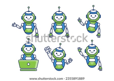 Robot mascot character vector illustration. Robot cartoon pose set design