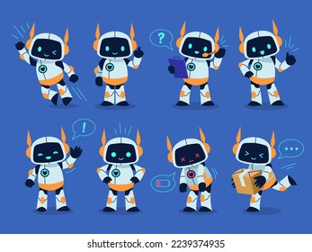 Robot mascot. Cute toy, cartoon cyborg character, different poses and actions, funny emotional android. Artificial Intelligence computer assistant. Chat bot, support service, tidy vector set