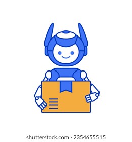 Robot mascot delivering package illustration. Robot carrying parcel.