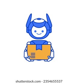Robot mascot delivering package illustration. Robot carrying parcel.