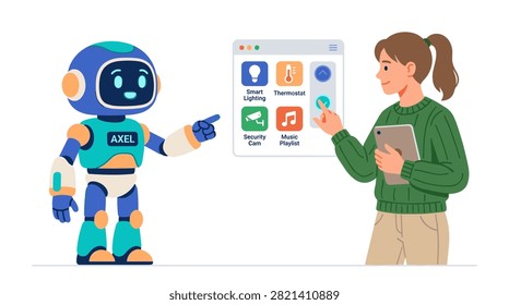 Robot mascot named Axel pointing at a smart home app while a woman interacts with a tablet in fluent style vector illustration ideal for smart home assistant branding content