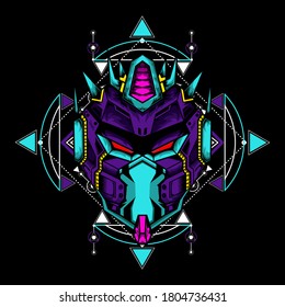 Robot mask with sacred geometry pattern on black background