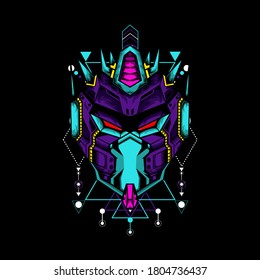 Robot mask with sacred geometry pattern on black background