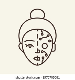 Robot mask thin line icon. Female face, circuit board, microchip isolated outline sign. Artificial intelligence concept. Vector illustration symbol element for web design and apps