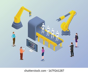 robot massive development with developer people in factory in modern isometric style