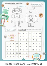 Robot math activities for kids. Robotic Math maze game - Find the way through labyrinth by following the numbers in correct order. Finish picture. Vector illustration. Letter size page for Activity 