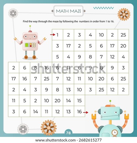 Robot math activities for kids. Robotic Math maze game. Find the way through labyrinth by following the numbers in correct order. Vector illustration. Square page for Activity Book.