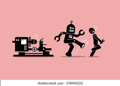 Robot mechanic kicks away a human technician worker from doing his job at factory. Vector artwork depicts automation, future concept, artificial intelligence, and robot replacing mankind. 