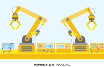 Robot mechanical arm and control panel, Industrial factory technology, flat design, vector illustration