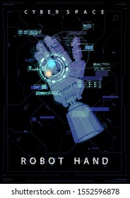 The robot mechanical arm or hand with HUD virtual holographic elements. Artificial Intelligence futuristic design concept. Creative poster in Cyber style.