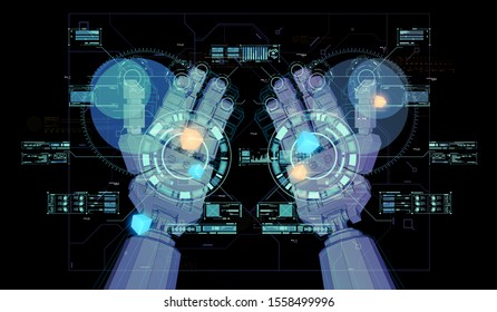 The robot mechanical arm or hand with HUD virtual holographic elements. Artificial Intelligence futuristic design concept. Creative poster in Cyber style.