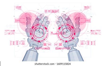 The robot mechanical arm or hand with HUD virtual holographic elements. Artificial Intelligence futuristic design concept. Creative poster in Cyber style.