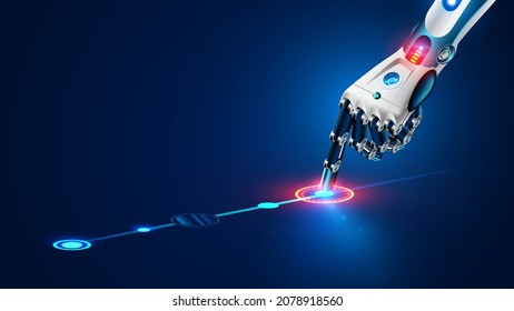 The robot mechanical arm or hand presses the index finger on the button a virtual holographic interface HUD on touch screen. Artificial Intelligence futuristic design concept.