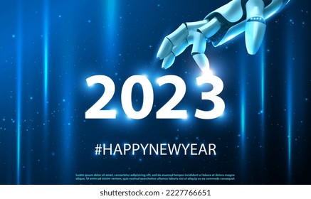 The robot mechanical arm or hand presses the year 2023. 3D robot pointing finger on word 2023. Science and artificial intelligence technology, innovation and futuristic, AI, Machine. Vector EPS10.