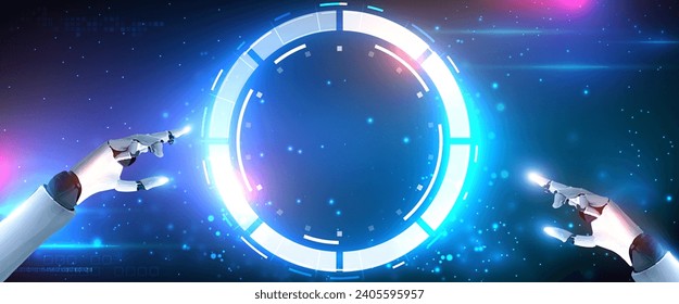 The robot mechanical arm or hand presses the index finger on a virtual interface HUD. Neural networks and Artificial Intelligence.AI, Automation, Machine Learning. Science and Technology. Vector EPS10