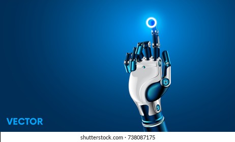 The robot mechanical arm or hand presses the index finger on the button a virtual holographic interface HUD. Artificial Intelligence futuristic design concept.