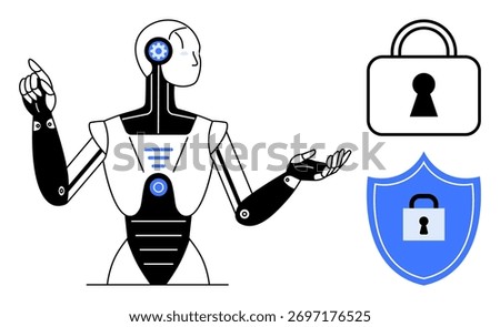 Robot with mechanical arm making a gesture, accompanied by lock and shield icons. Ideal for cybersecurity, data protection, AI safety, technology education, online privacy, digital security
