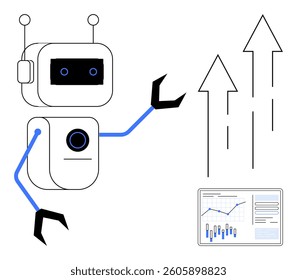 Robot with mechanical arms pointing to upward arrows and screen displaying data graphs. Ideal for automation, technology innovation, data analysis, digital growth, AI development, market trends