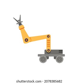 Robot with mechanical hand to automatically work. Illustration of mechanical hands mechanism. Vector steel hand machine technology, arm for manufacturing on factory illustration