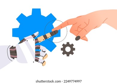 Robot Mechanical Hand and Human Touching Finger Testing Perception Vector Illustration