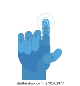 Robot y mano mecánica. El brazo robótico presiona el dedo índice sobre el botón. Inteligencia cibernética y artificial. Pulsar el botón, controlar la mano, prótesis. Ilustración del vector