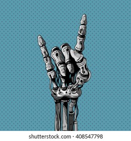 Robot mechanical hand shows rock gesture, vector illustration