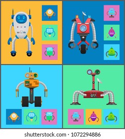 Robot mechanisms collection of robotic creatures and cyborgs supplied with radars robots set colorful vector illustration isolated on white background