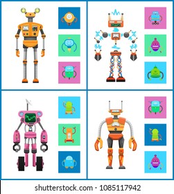 Robot and mechanisms set, droids with screens and wheels, emotion on faces, collection of automated creatures vector illustration isolated on white