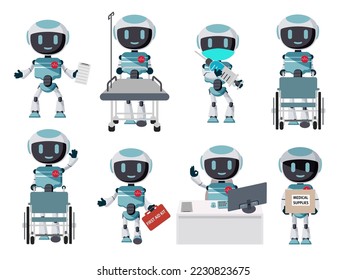 Robot medic character vector set design. Robots doctor and nurse isolated in white for hospital health care collection. Vector Illustration.
