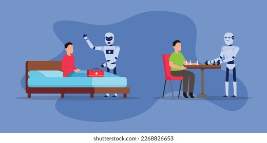 Robot medics checking patient and play chess 2d vector illustration concept for banner, website, illustration, landing page, flyer, etc.