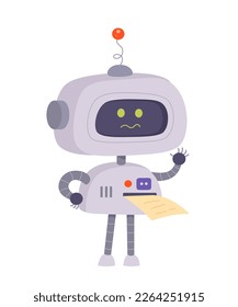 Robot with message vector illustration. Cartoon sad toy machine waving claw to indicate error, futuristic smart bot with antenna for chat talk and help to customer, support of chatbot helper character