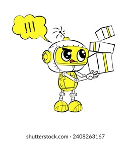 Un mensajero robot transporta paquetes. Esbozo de una ilustración robot para sitios web, diseño web. Graciosa ilustración de dibujos animados.