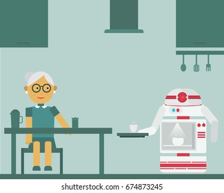 Robot microwave brings cup of coffee to his old aged owner at home. Personal robot assistance futuristic concept illustration vector.
