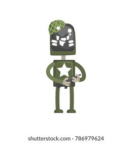 Robot military character, android in green uniform standing with automatic machine in its hands cartoon vector illustration