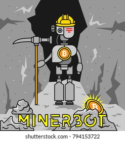 A robot miner designed for cryptocurrency extraction, holding a pickaxe with Bitcoin symbols. The imagery symbolizes futuristic technology and financial mining in a dark, planetary setting.
